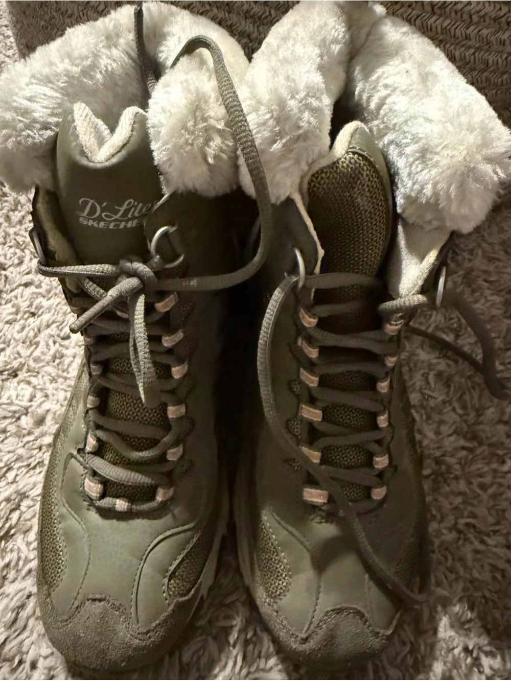 Skechers D'Lites Olive Lace-Up Fur-Trim Winter Boots